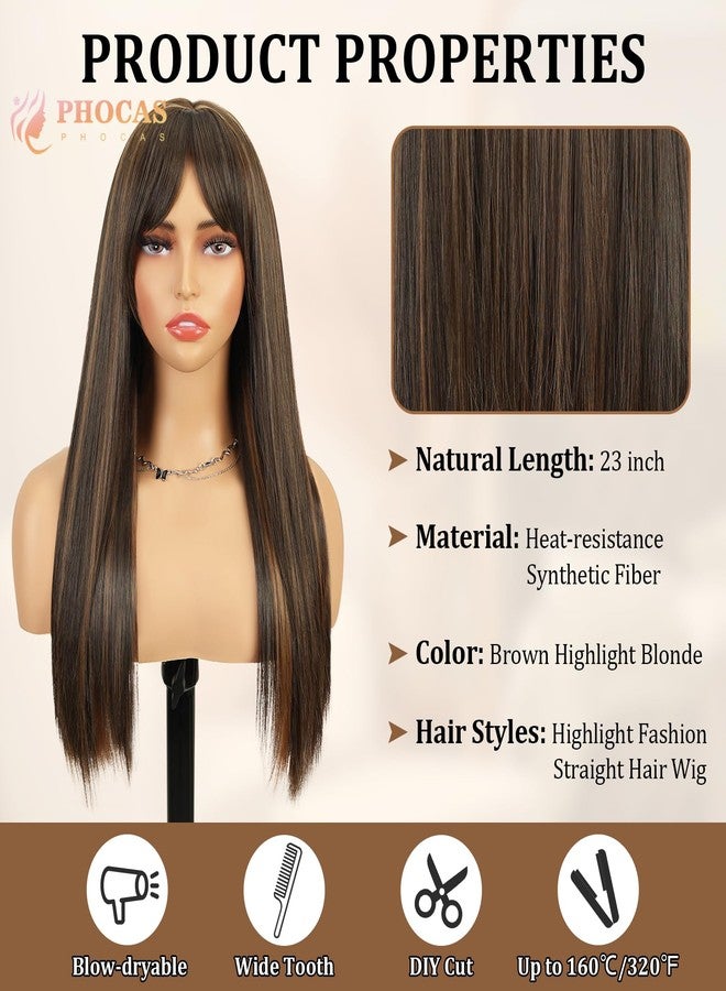 PHOCAS Long Brown Wig with Highlights Ombre Brown Wig with Blonde Highlights Wig 23'' Long Brown Wig with Bangs for Women Daily Use - Image 2